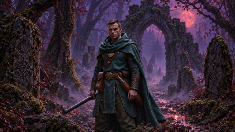 Cloaked ranger standing between moss-covered rune stones before a ruined arch under a red moon in mist