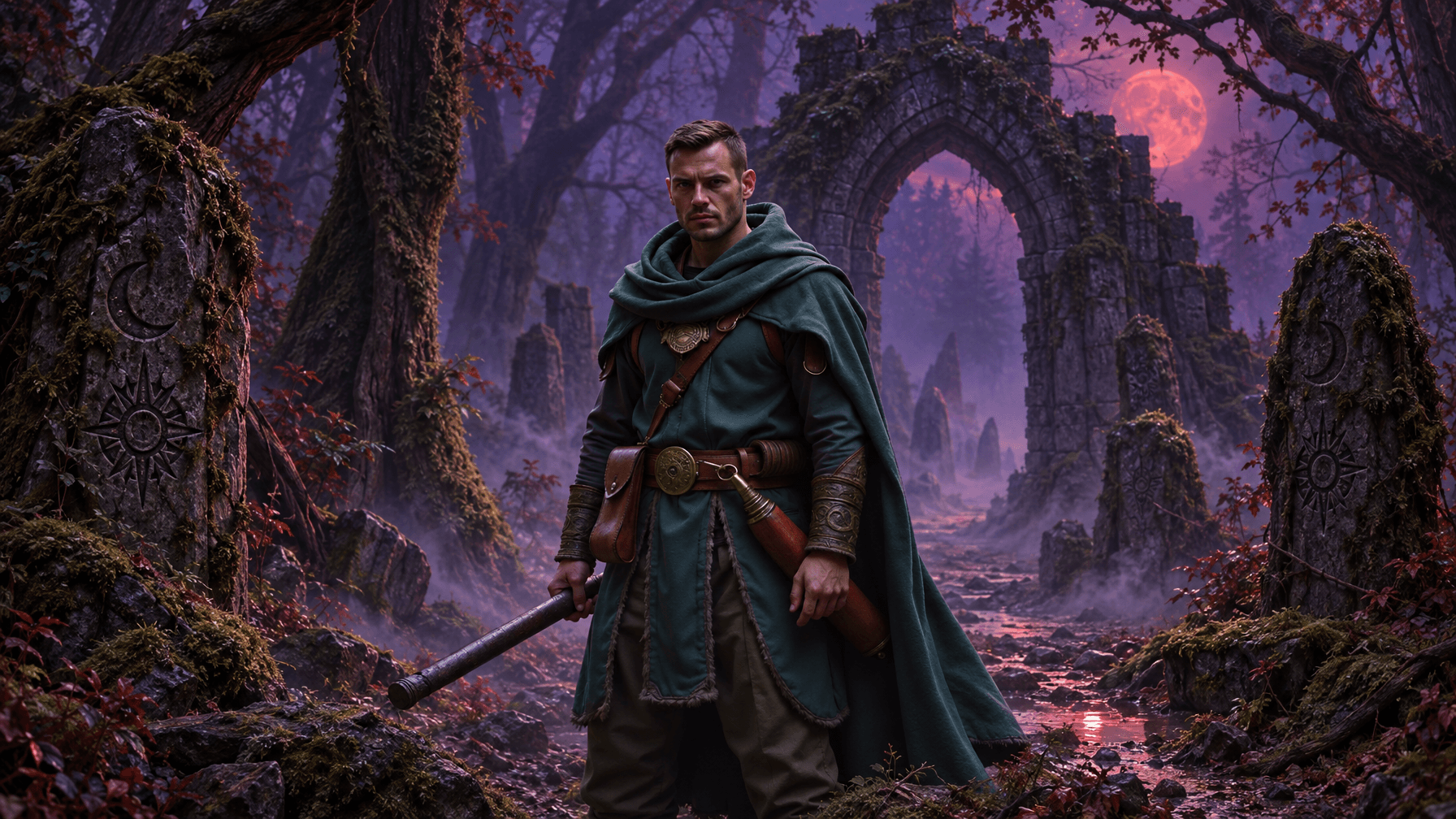 Ranger in green cloak at mosscovered boundary stones under Blood Moon Londyn Publishing Cloaked ranger standing between moss covered rune stones before a ruined arch under a red moon in mist