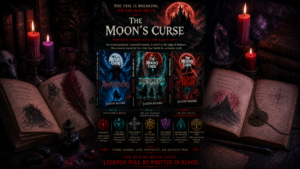 Dark fantasy authors writing desk with lore notebooks quill and candlelight