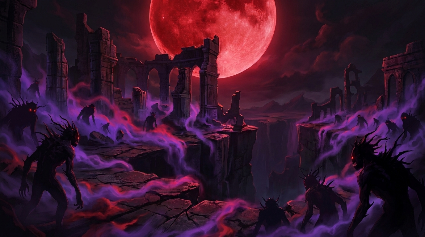 When the World Is Already Ending The Best Dark Fantasy Series for Readers Who Want the Stakes to Feel Real Londyn Publishing Blood red moon rising over crumbling ancient ruins with violet and crimson mist Dark fantasy landscape from The Moons Curse Trilogy by Londyn Publishing
