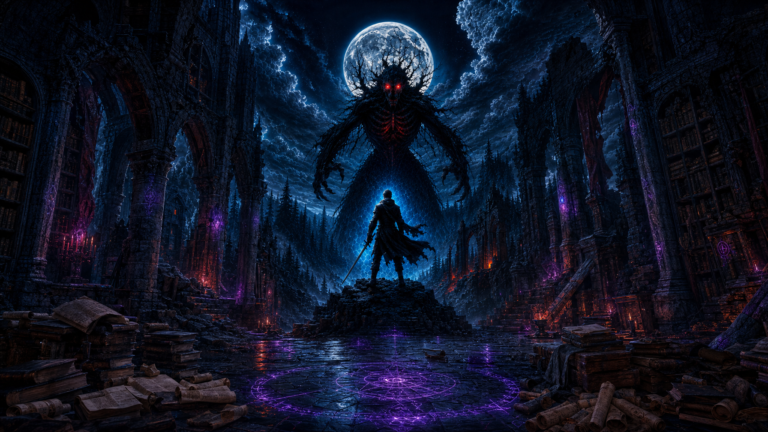 Ancient ruined dark fantasy library with glowing purple sigils and crimson moonbeams