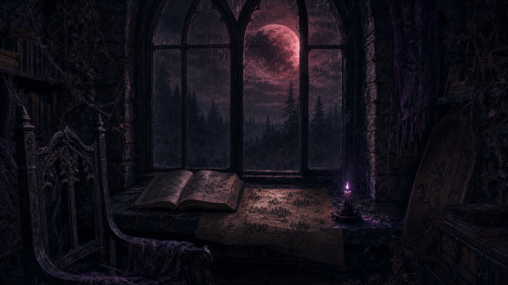 Rain on a stone window ledge a half open hardcover and crimson moonlight on a frontier map