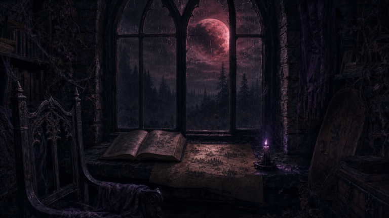 Rain on a stone window ledge, a half-open hardcover, and crimson moonlight on a frontier map