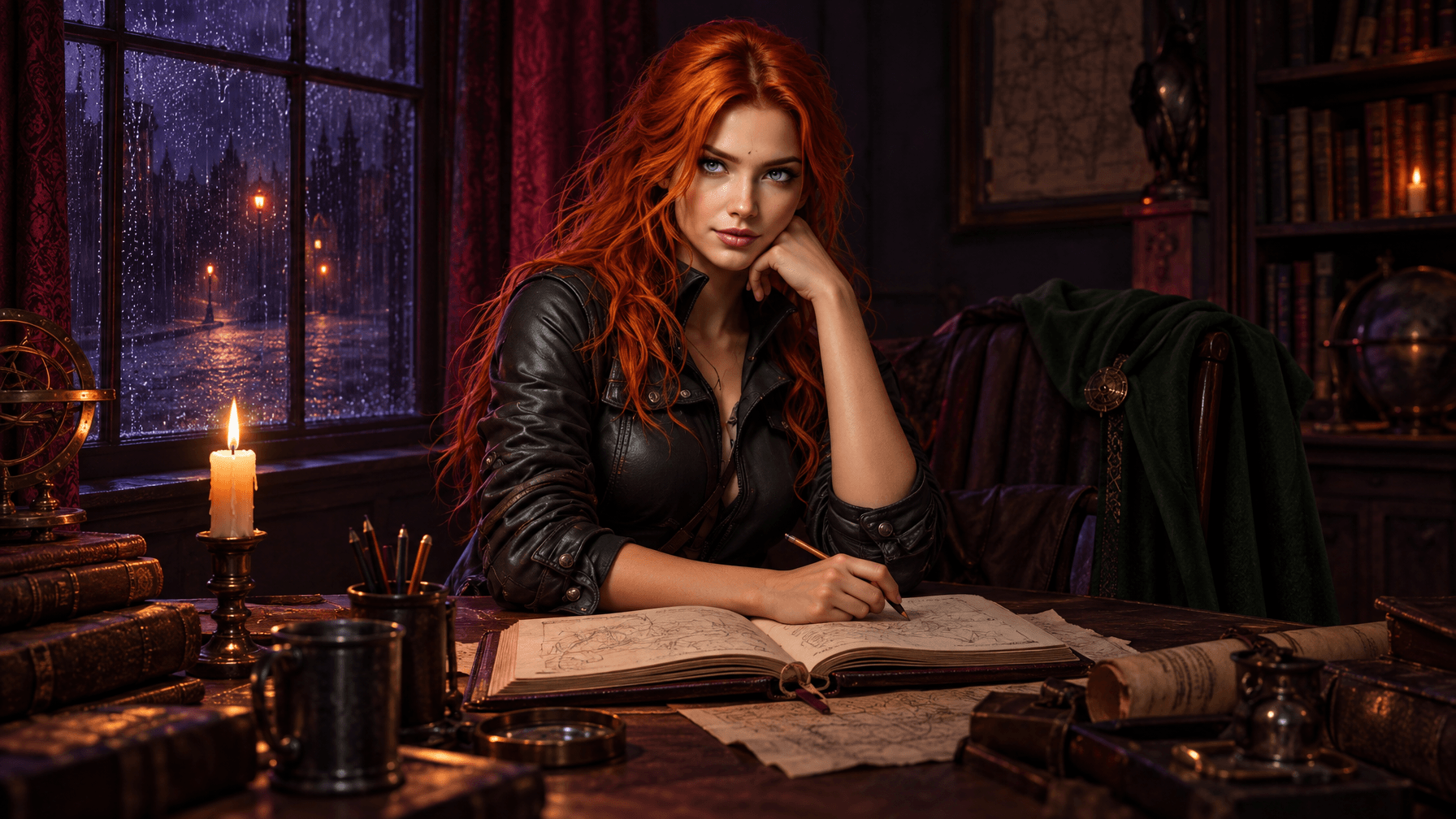 Red haired scholar at a rain lit desk with an open pencil marked dark fantasy hardcover