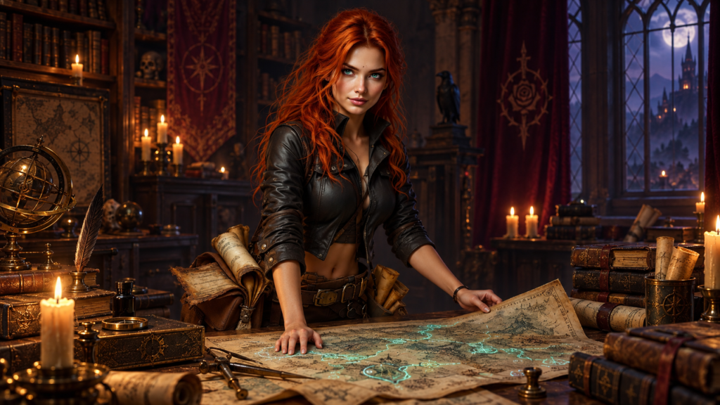 Lira Thornfield examining ancient parchment maps in a dimly lit dark fantasy study
