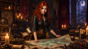 Lira Thornfield examining ancient parchment maps in a dimly lit dark fantasy study