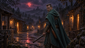 Auren Draevan at the edge of an emptied Rimward settlement at dusk lamps still burning no people in the street