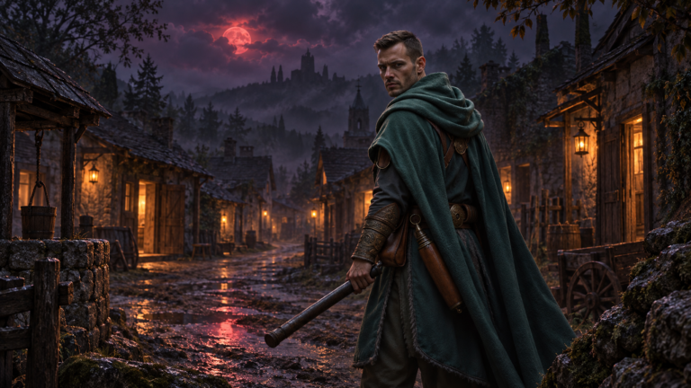 Auren Draevan at the edge of an emptied Rimward settlement at dusk, lamps still burning, no people in the street
