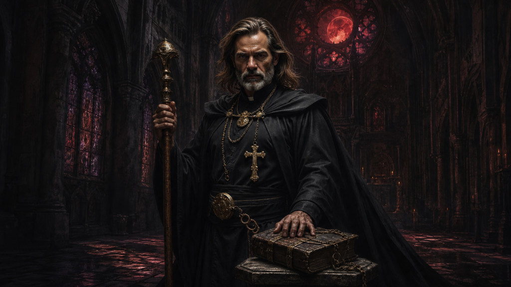 Father Kalen Draemir in a dark cathedral under a blood red moon hand on an ancient tome solitary and certain