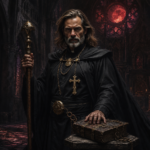 Father Kalen Draemir in a dark cathedral under a blood red moon hand on an ancient tome solitary and certain