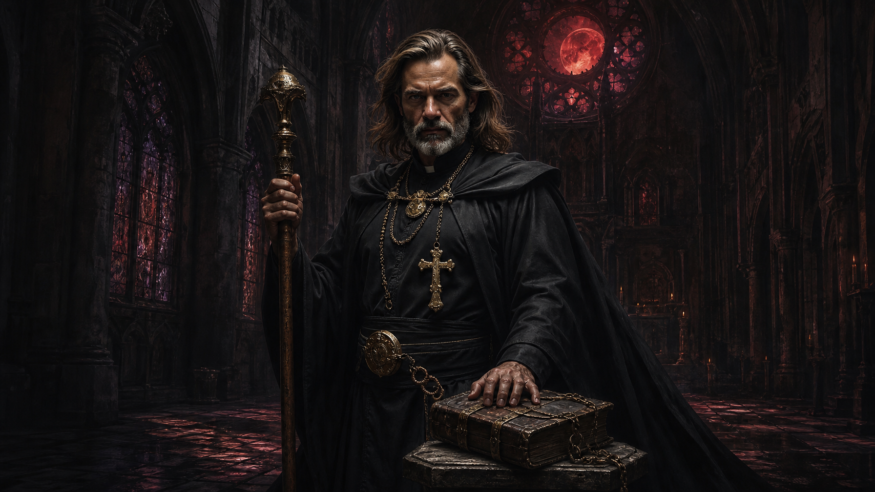 Father Kalen Draemir in a dark cathedral under a blood red moon hand on an ancient tome solitary and certain