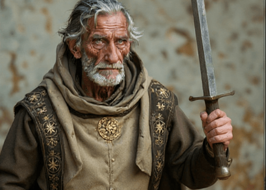 Brother Tomas Delsur, an elderly man with gray hair and a beard, wearing embroidered robes and holding a sword.