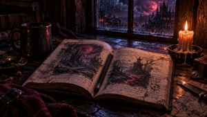 Open annotated dark fantasy paperback on a rain lit inn table with a low candle and a pencil in the gutter
