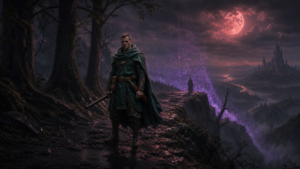 Moonlit ridge where the Veil thins violet shimmer over wet stone a distant figure at the edge