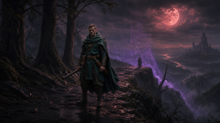 Moonlit ridge where the Veil thins, violet shimmer over wet stone, a distant figure at the edge.