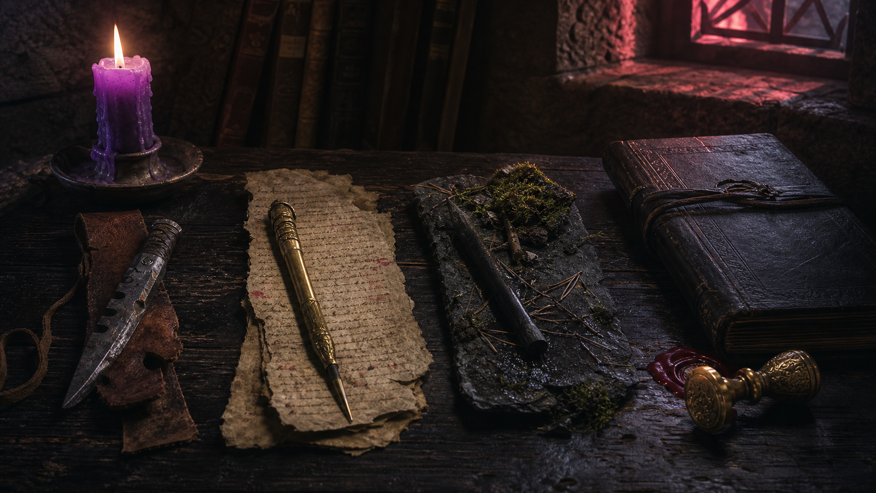 A dark stone study table with four writing instruments iron knife brass pen on vellum charcoal with moss and a sealed priests ledger under violet candlelight