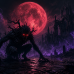 A shadow bound Nythrall creature crouched beneath a blood red moon in a ruined stone plaza dark fantasy art