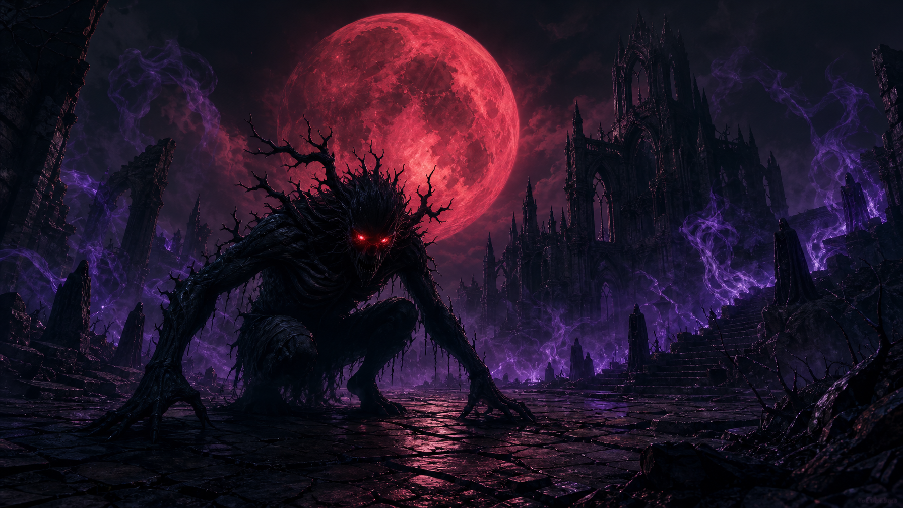 A shadow bound Nythrall creature crouched beneath a blood red moon in a ruined stone plaza dark fantasy art