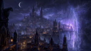 A vast ancient gothic city built at the edge of the Veil glowing with violet and silver light beneath a dark indigo sky
