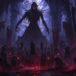 A towering Nythrall figure presides over lesser shadow creatures in a vast moonlit cathedral  the Shadow Court Beyond the Veil
