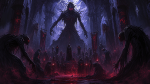 A towering Nythrall figure presides over lesser shadow creatures in a vast moonlit cathedral  the Shadow Court Beyond the Veil