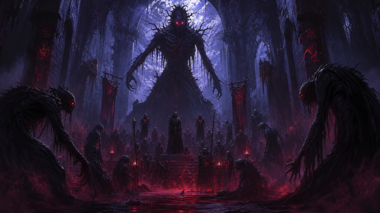 A towering Nythrall figure presides over lesser shadow creatures in a vast moonlit cathedral — the Shadow Court Beyond the Veil