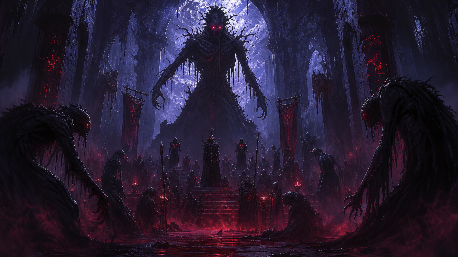 A towering Nythrall figure presides over lesser shadow creatures in a vast moonlit cathedral  the Shadow Court Beyond the Veil