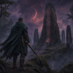 The Ecology of the Veil How Land Remembers Broken Pacts in The Moons Curse Londyn Publishing Ancient stone covenant pillars along a misty ridge under twilight sky with ranger Auren Draevan observing in silence