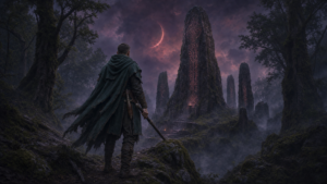 Ancient stone covenant pillars along a misty ridge under twilight sky with ranger Auren Draevan observing in silence