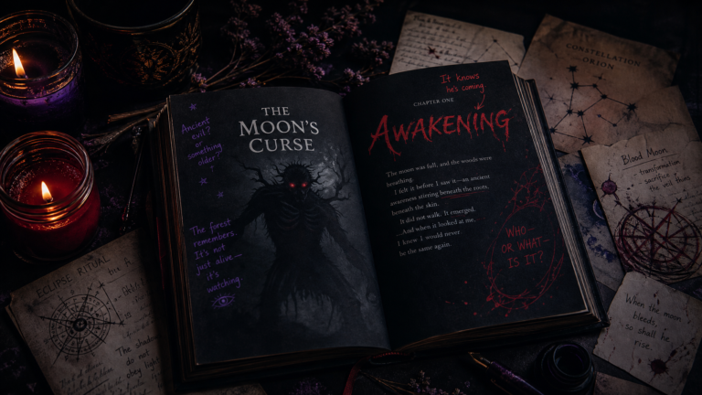 Atmospheric dark fantasy annotated book flatlay with violet and crimson glowing ink, candlelight, sigil sketches and constellation maps — representing BookTok lore detective culture