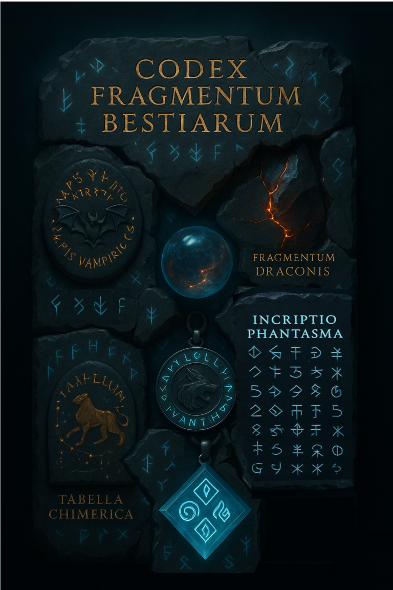 Ancient Codex Fragmenta Bestiarum artifact displaying dark stone tablets, glowing runes, arcane sigils, creature carvings, and fragmented relics.