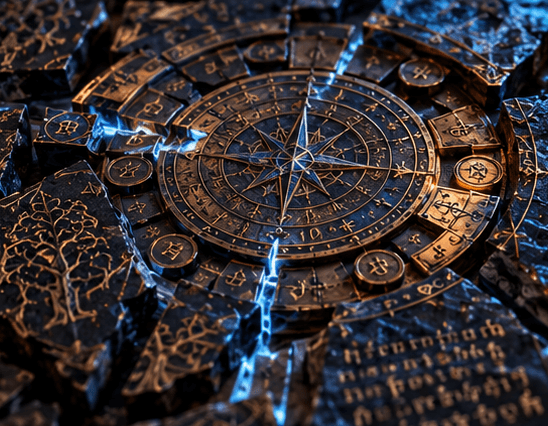 Circular rune inscribed mechanism of the Codex Fragmenta Bestiarum glowing with blue Veil energy among engraved fragments