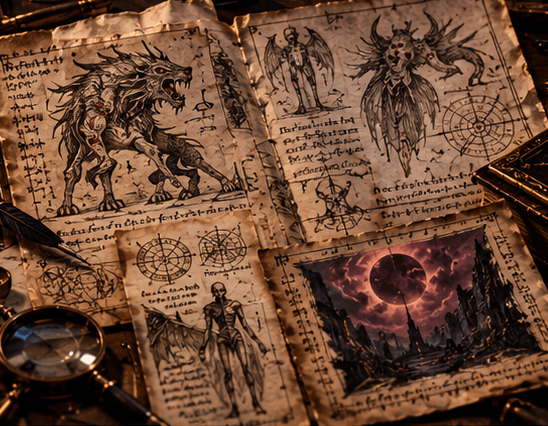 Ancient supernatural creature studies anatomical drawings arcane diagrams and annotations associated with the Codex Fragmenta Bestiarum