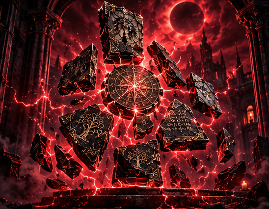 Fragments of the Codex Fragmenta Bestiarum levitating around a glowing seal beneath the Blood Moon as red supernatural energy connects them