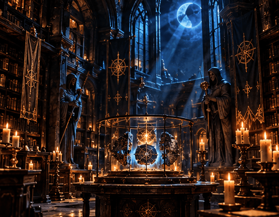 Ancient Veil Guardian archive containing the Codex Fragmenta Bestiarum beneath moonlight surrounded by books candles and arcane symbols