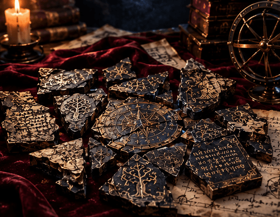 Broken rune inscribed components of the Codex Fragmenta Bestiarum scattered across ancient maps and arcane research materials