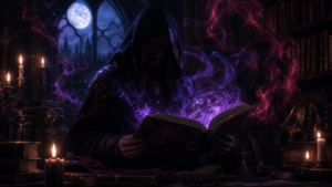 A shadowy figure reading an ancient glowing tome by candlelight in a gothic fantasy setting
