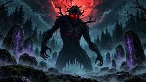 Blood red moon over ancient rune carved standing stones in a misty dark fantasy forest