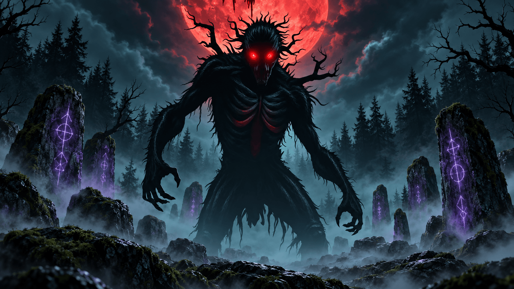 Moonbound Creatures in Dark Fantasy Beyond Vampires Londyn Publishing Blood red moon over ancient rune carved standing stones in a misty dark fantasy forest