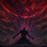 A Nythrall shadow creature tethered by crimson and violet light to the Blood Moon above