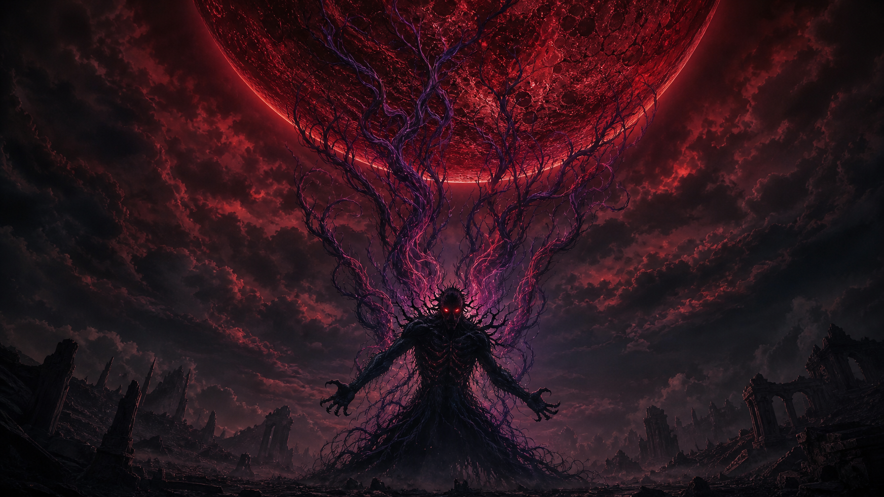 A Nythrall shadow creature tethered by crimson and violet light to the Blood Moon above