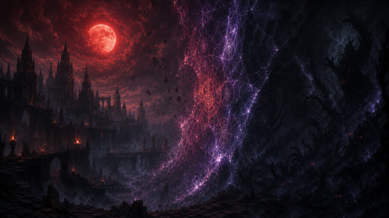 The Veil — a cracked dimensional barrier of violet and crimson sigil light separating the mortal world from the shadow beyond, beneath a blood-red moon.