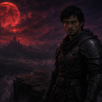 Evan Hartwell standing at the edge of a cliff beneath the Blood Moon  dark fantasy warrior with emerald eyes