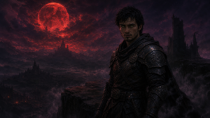 Evan Hartwell standing at the edge of a cliff beneath the Blood Moon  dark fantasy warrior with emerald eyes