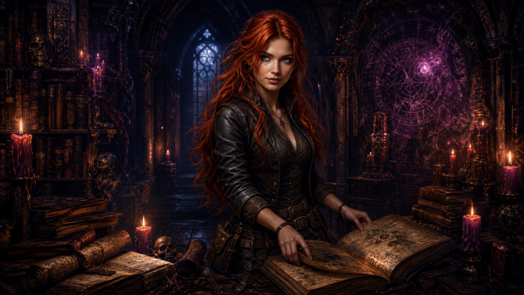 Lira Thornfield scholar character art  dark fantasy candlelit library scene from The Moons Curse Trilogy by Londyn Publishing