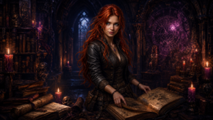 Lira Thornfield scholar character art  dark fantasy candlelit library scene from The Moons Curse Trilogy by Londyn Publishing