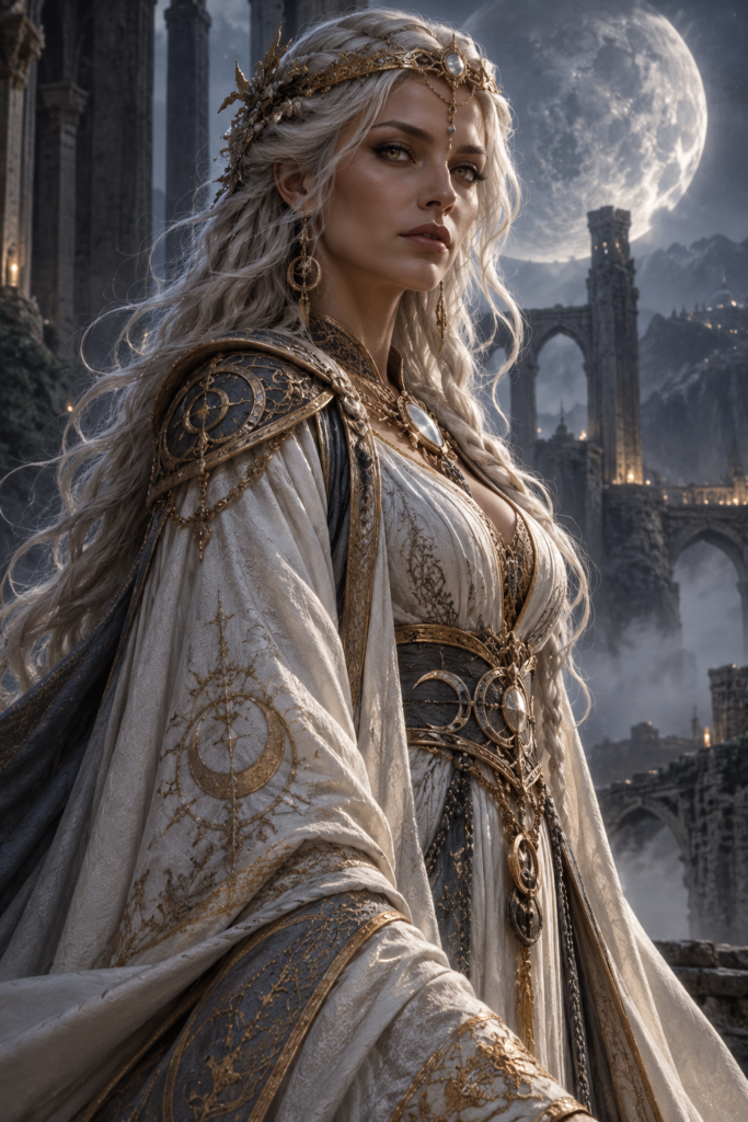 Elenya Marros the First Binder with long silver white hair and ceremonial white and gold robes beneath a luminous moon