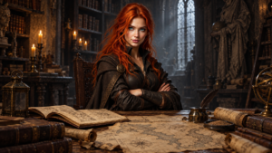 Lira Thornfield in the Rimward Margin archives surrounded by maps and folios