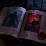 Open dark fantasy hardcover covered in violet-ink annotations by candlelight, atmospheric BookTok reading desk