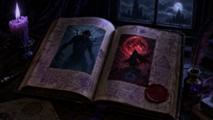 Open dark fantasy hardcover covered in violet ink annotations by candlelight atmospheric BookTok reading desk